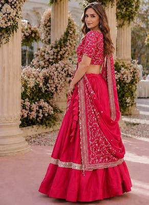 Red Satin Semi Stitched Lehenga Choli with Embroidery Zari Sequins Work 2