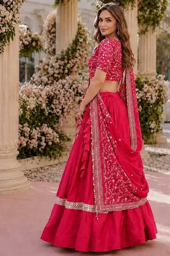 Red Satin Semi Stitched Lehenga Choli with Embroidery Zari Sequins Work