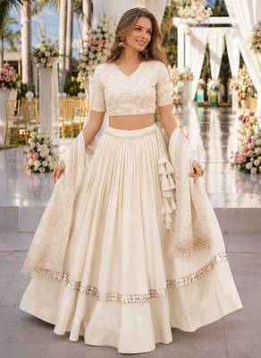 White Satin Semi Stitched Lehenga Choli with Embroidery Zari Sequins Work 1