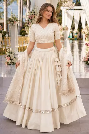 White Satin Semi Stitched Lehenga Choli with Embroidery Zari Sequins Work