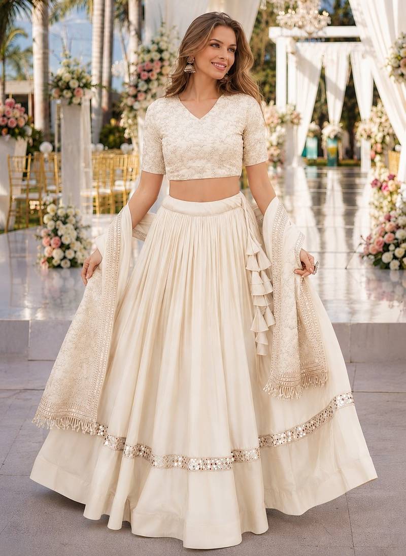 White Satin Semi Stitched Lehenga Choli with Embroidery Zari Sequins Work