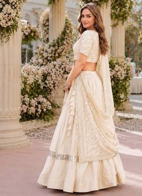 White Satin Semi Stitched Lehenga Choli with Embroidery Zari Sequins Work 2