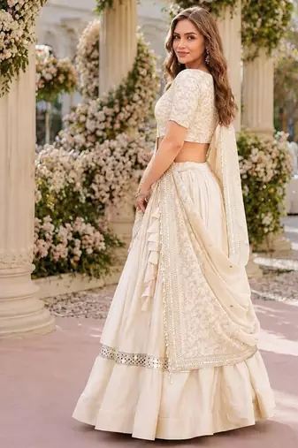 White Satin Semi Stitched Lehenga Choli with Embroidery Zari Sequins Work