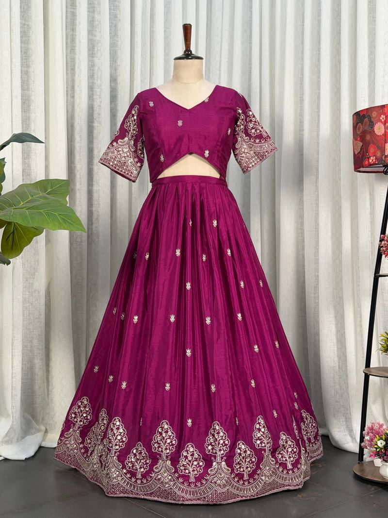 Royal Wine Lehenga Choli Set with Designer Dupatta | Embroidered Party Wear for Women