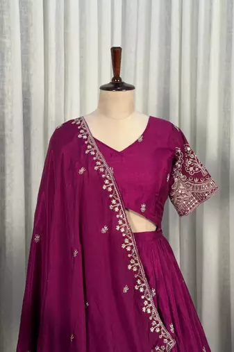 Royal Wine Lehenga Choli Set with Designer Dupatta | Embroidered Party Wear for Women