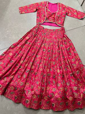 Women Rani Pink Floral Printed Tussar Silk Ready-to-Wear Free Size Lehenga Choli with Jacket Set 5