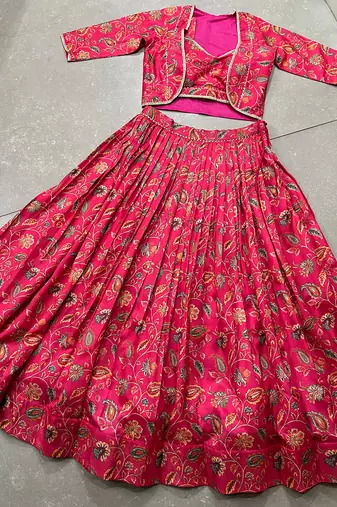 Women Rani Pink Floral Printed Tussar Silk Ready-to-Wear Free Size Lehenga Choli with Jacket Set