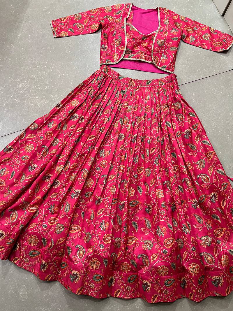 Women Rani Pink Floral Printed Tussar Silk Ready-to-Wear Free Size Lehenga Choli with Jacket Set
