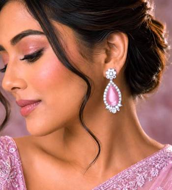 Pink Cat Eye Tear Drop Chandelier Earrings, Silver Cubic Zirconia Bridal Dangle Wedding Jewelry 1