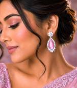 Pink Cat Eye Tear Drop Chandelier Earrings, Silver Cubic Zirconia Bridal Dangle Wedding Jewelry