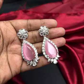 Pink Cat Eye Tear Drop Chandelier Earrings, Silver Cubic Zirconia Bridal Dangle Wedding Jewelry 2