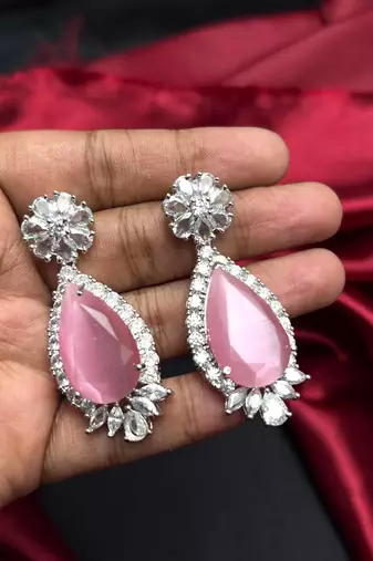 Pink Cat Eye Tear Drop Chandelier Earrings, Silver Cubic Zirconia Bridal Dangle Wedding Jewelry