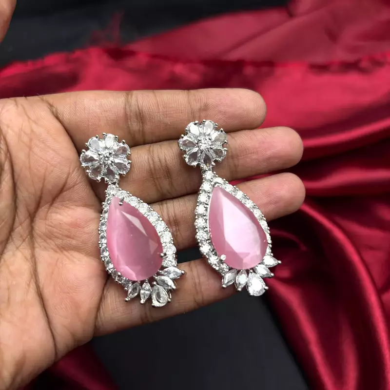 Pink Cat Eye Tear Drop Chandelier Earrings, Silver Cubic Zirconia Bridal Dangle Wedding Jewelry