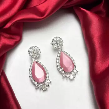 Pink Cat Eye Tear Drop Chandelier Earrings, Silver Cubic Zirconia Bridal Dangle Wedding Jewelry 3