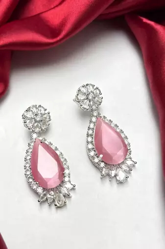 Pink Cat Eye Tear Drop Chandelier Earrings, Silver Cubic Zirconia Bridal Dangle Wedding Jewelry