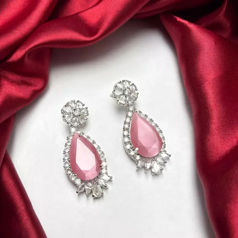 Pink Cat Eye Tear Drop Chandelier Earrings, Silver Cubic Zirconia Bridal Dangle Wedding Jewelry