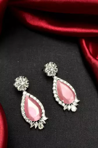 Pink Cat Eye Tear Drop Chandelier Earrings, Silver Cubic Zirconia Bridal Dangle Wedding Jewelry