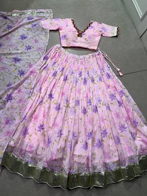 Navratri Special Floral Printed Tabby Silk Stitched Free Size Lehenga Choli 5