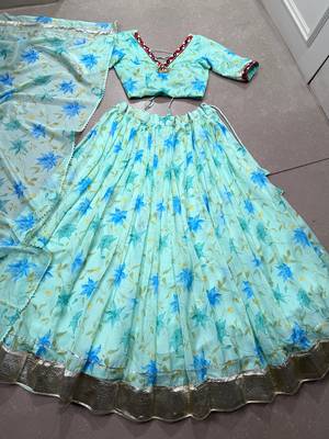 Navratri Special Floral Printed Tabby Silk Stitched Free Size Lehenga Choli 5