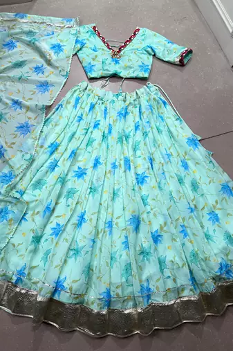 Navratri Special Floral Printed Tabby Silk Stitched Free Size Lehenga Choli