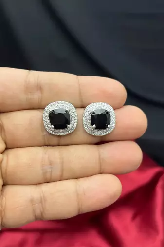 Vintage Black Onyx Cushion Cut Halo Earrings, Art Deco Wedding