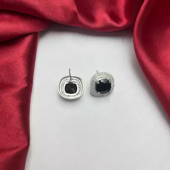 Vintage Black Onyx Cushion Cut Halo Earrings, Art Deco Wedding 3
