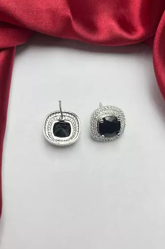 Vintage Black Onyx Cushion Cut Halo Earrings, Art Deco Wedding