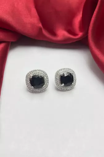 Vintage Black Onyx Cushion Cut Halo Earrings, Art Deco Wedding