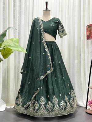 Elegant Dark Green Embroidered Lehenga Choli with Designer Dupatta | Premium Party Wear for Women 1