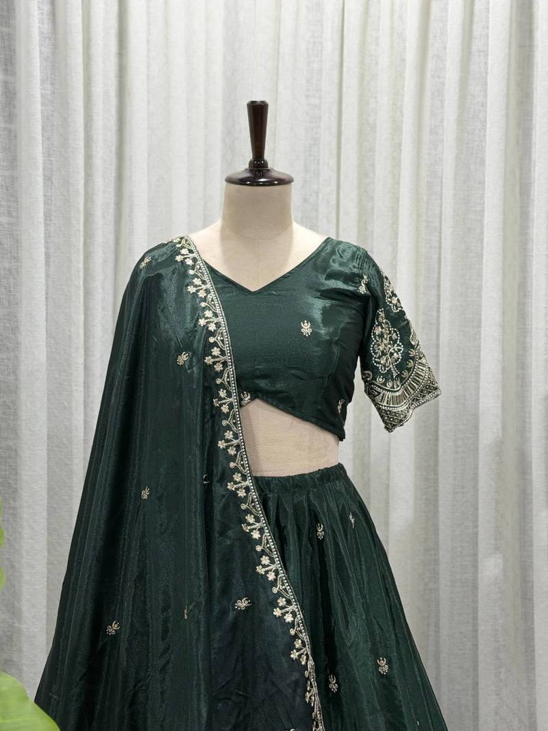 Elegant Dark Green Embroidered Lehenga Choli with Designer Dupatta | Premium Party Wear for Women