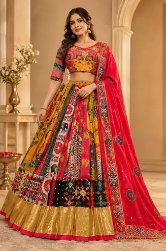 Pink Silk Navratri Lehnega Choli With Dupatta