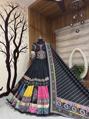 Black Cotton Navratri Mirror Work Lehenga Choli With Dupatta 2