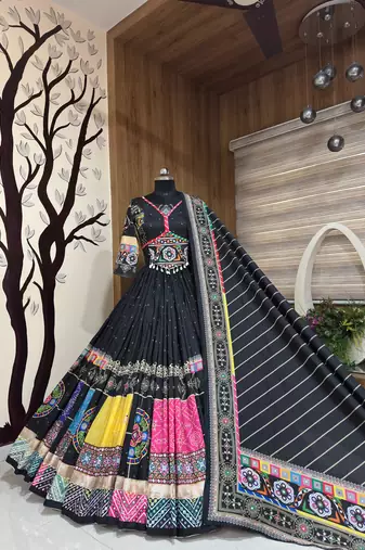 Black Cotton Navratri Mirror Work Lehenga Choli With Dupatta