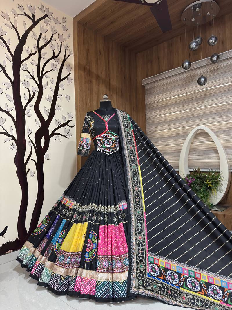 Black Cotton Navratri Mirror Work Lehenga Choli With Dupatta