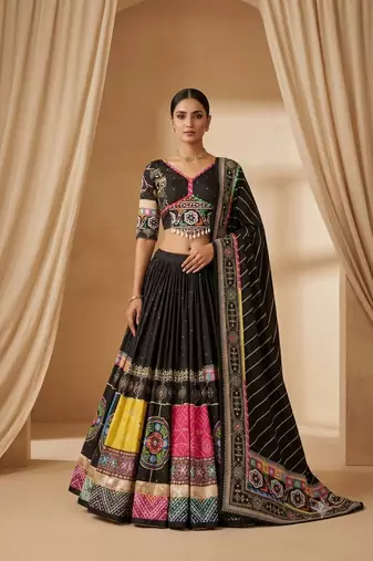 Black Cotton Navratri Mirror Work Lehenga Choli With Dupatta