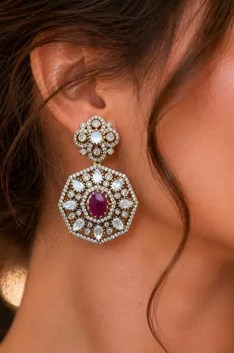 Gold Plated Ruby CZ Hexagon Drop Earrings, Traditional Indian Bridal Statement Jewelry