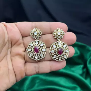 Gold Plated Ruby CZ Hexagon Drop Earrings, Traditional Indian Bridal Statement Jewelry 2