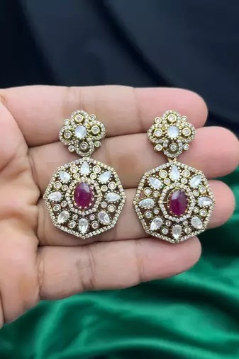 Gold Plated Ruby CZ Hexagon Drop Earrings, Traditional Indian Bridal Statement Jewelry