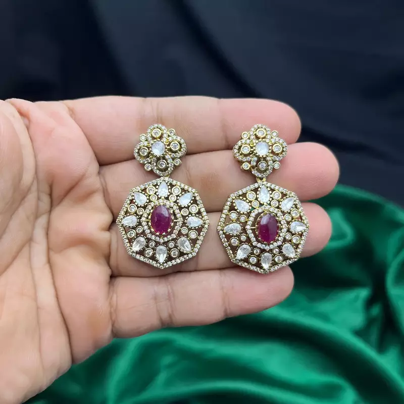 Gold Plated Ruby CZ Hexagon Drop Earrings, Traditional Indian Bridal Statement Jewelry
