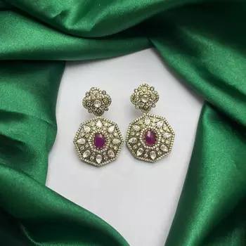 Gold Plated Ruby CZ Hexagon Drop Earrings, Traditional Indian Bridal Statement Jewelry 3