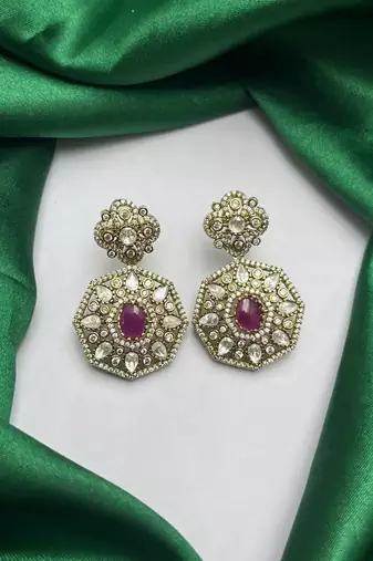 Gold Plated Ruby CZ Hexagon Drop Earrings, Traditional Indian Bridal Statement Jewelry