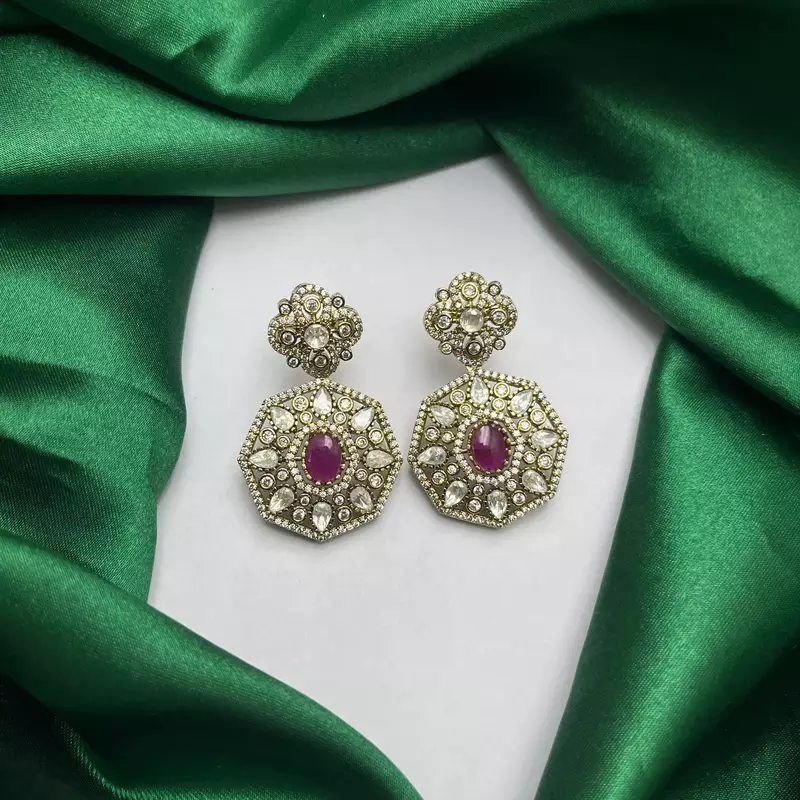 Gold Plated Ruby CZ Hexagon Drop Earrings, Traditional Indian Bridal Statement Jewelry