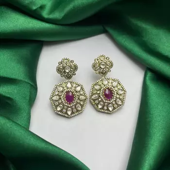 Gold Plated Ruby CZ Hexagon Drop Earrings, Traditional Indian Bridal Statement Jewelry 4