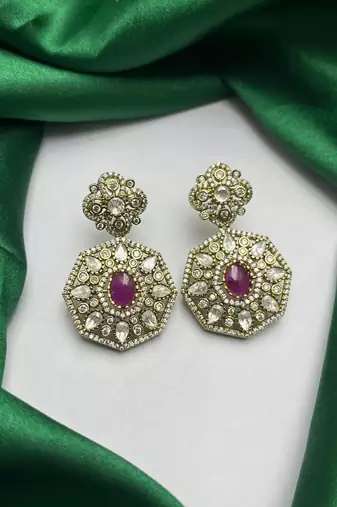 Gold Plated Ruby CZ Hexagon Drop Earrings, Traditional Indian Bridal Statement Jewelry