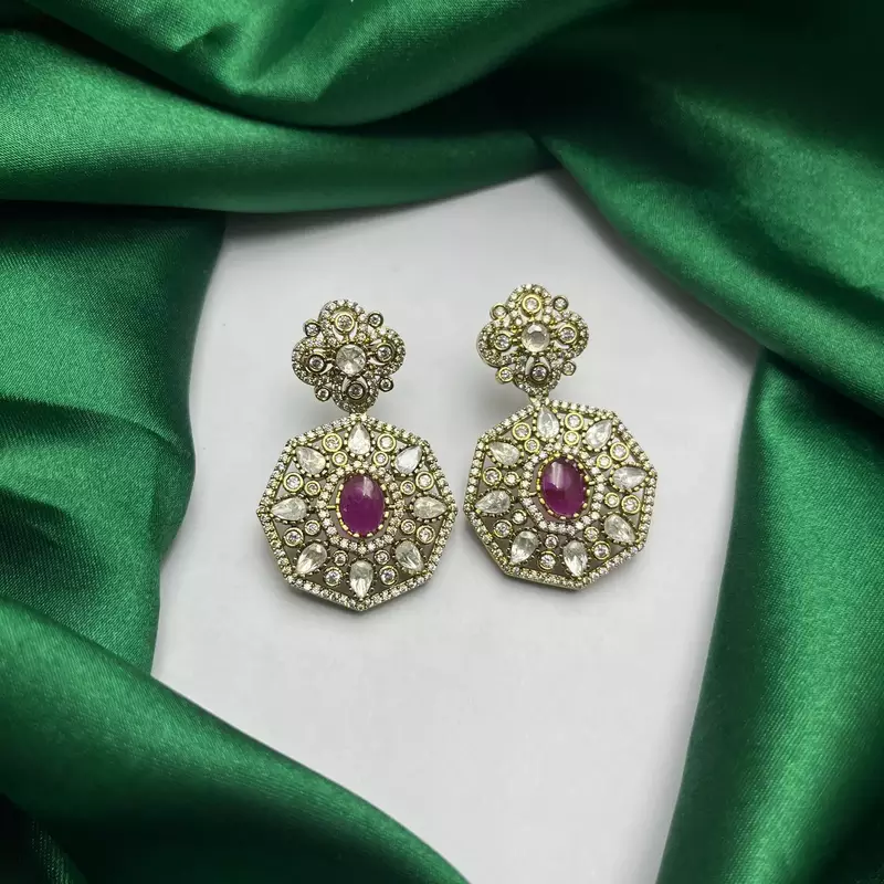 Gold Plated Ruby CZ Hexagon Drop Earrings, Traditional Indian Bridal Statement Jewelry