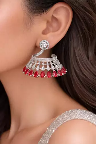 Red Chandelier Earrings, Silver CZ Jhumka, Modern Indo-Western Bridal Jewelry