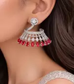 Red Chandelier Earrings, Silver CZ Jhumka, Modern Indo-Western Bridal Jewelry