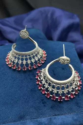 Red Chandelier Earrings, Silver CZ Jhumka, Modern Indo-Western Bridal Jewelry
