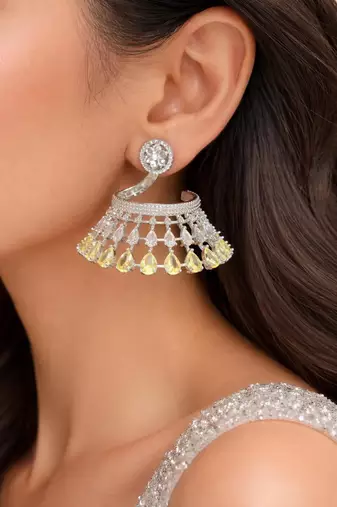 Yellow Chandelier Earrings, Silver CZ Jhumka, Modern Indo-Western Bridal Jewelry