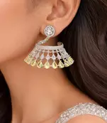Yellow Chandelier Earrings, Silver CZ Jhumka, Modern Indo-Western Bridal Jewelry